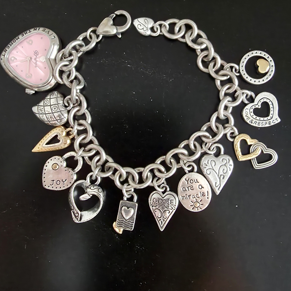Brighton Silver and Gold Charm Bracelet with Pink Watch
